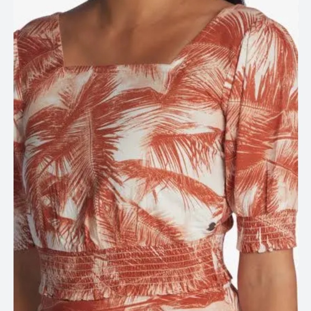 Roxy Abundant Swell Short Puff Sleeves Tropical Print Crop Top Size Large